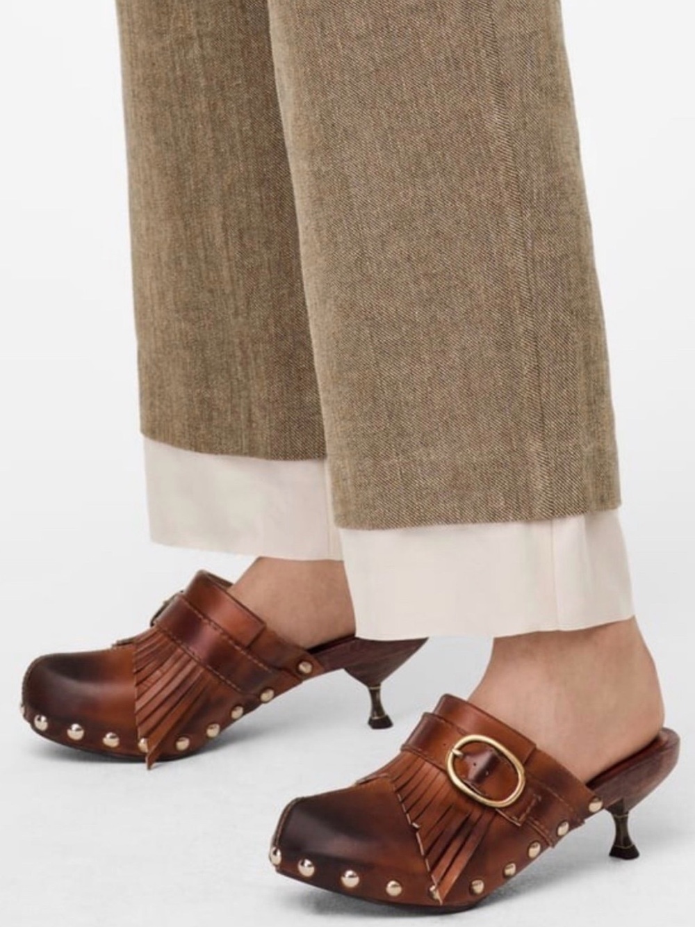 Zara Brown Leather Fringe Clog Mules with Gold Buckle